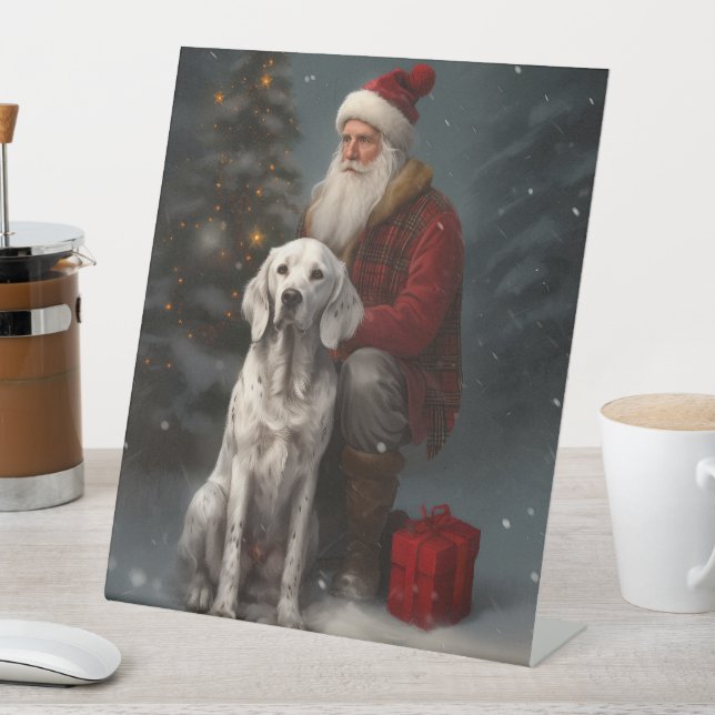 Englischer Setter mit Weihnachtsmann Weihnachten Sockelschild (In Situ)