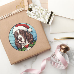 Englischer Springer Spaniel Buntglas Weihnachten Runder Aufkleber