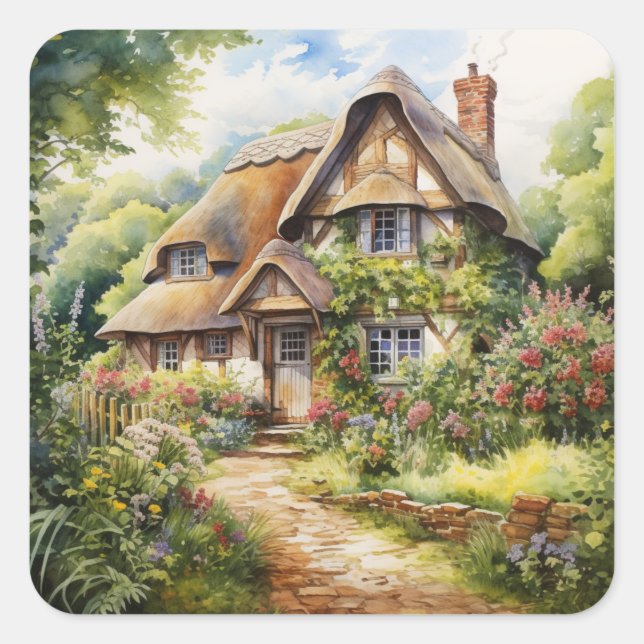 Englisches Cottage Quadratischer Aufkleber (Vorderseite)