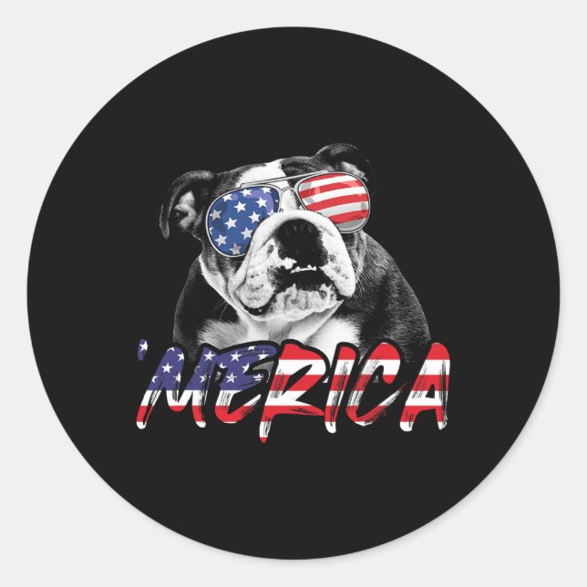 English Bulldog 4. Juli American Flag Hunde Liebe Runder Aufkleber (Vorderseite)