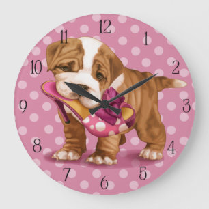 English bulldog and shoe große wanduhr
