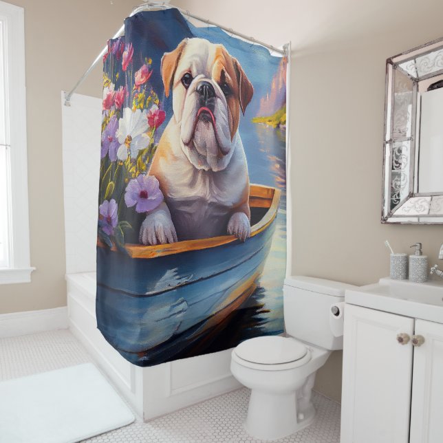 English Bulldog auf einem Paddel: Ein Landschaftli Duschvorhang (Beispiel)