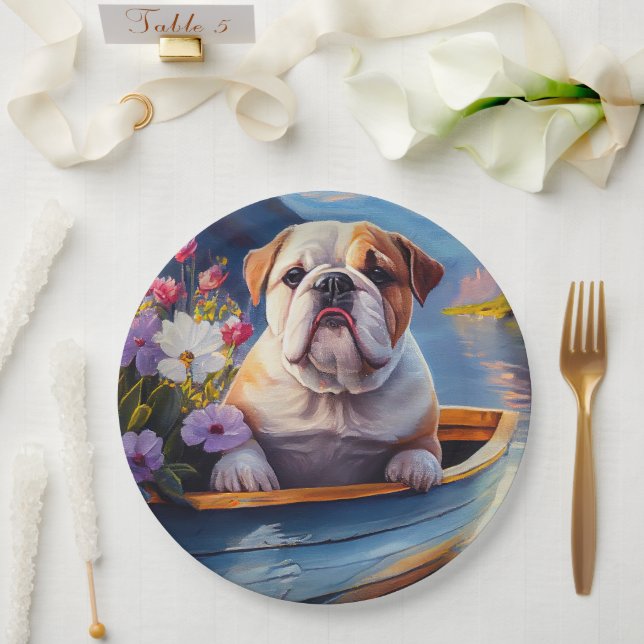 English Bulldog auf einem Paddel: Ein Landschaftli Pappteller (Hochzeit)
