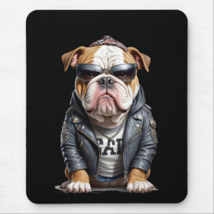 English Bulldog Biker Rebel in Leather Jacket Cool Mousepad
