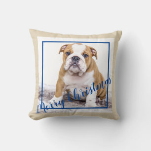 English Bulldog Blue Christmas Holiday Foto Kissen
