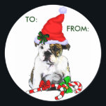 English Bulldog Christmas Geschenke Runder Aufkleber<br><div class="desc">Mein Bulldogge macht mir Weihnachten froh! Bulldoggen-Liebhaber werden überall in Liebe mit diesem bezaubernden Bulldoggen Welpen fallen. Große Weihnachtsgeschenke zum Kirschen.</div>