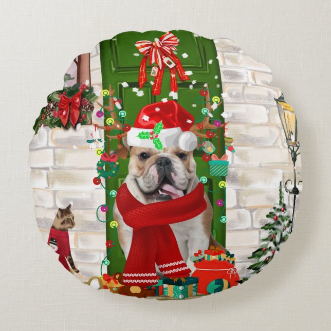 English Bulldog Christmas Rundes Kissen (Vorderseite)