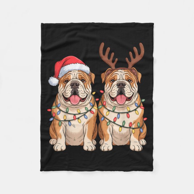 English Bulldog Christmas Santa Hat Reindeer Light Fleecedecke (Vorderseite)