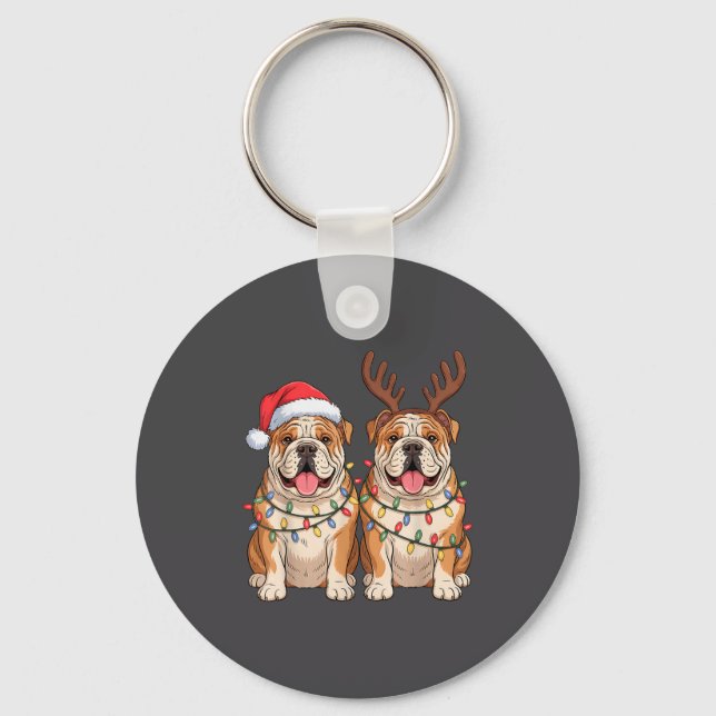 English Bulldog Christmas Santa Hat Reindeer Light Schlüsselanhänger (Vorderseite)