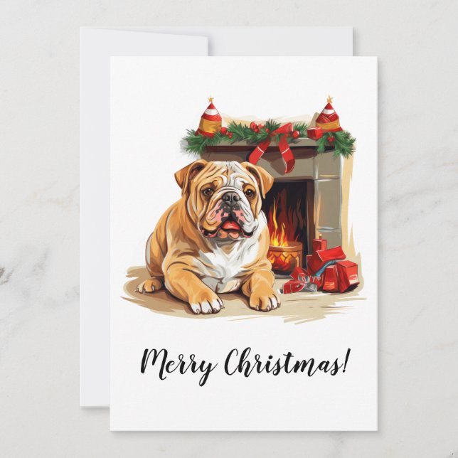English Bulldog Cosy Fireplace Weihnachtskarte Feiertagskarte (Vorderseite)