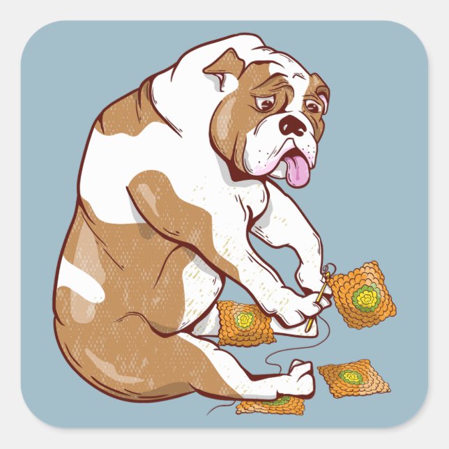 English Bulldog Crochet Quadratischer Aufkleber (Vorderseite)