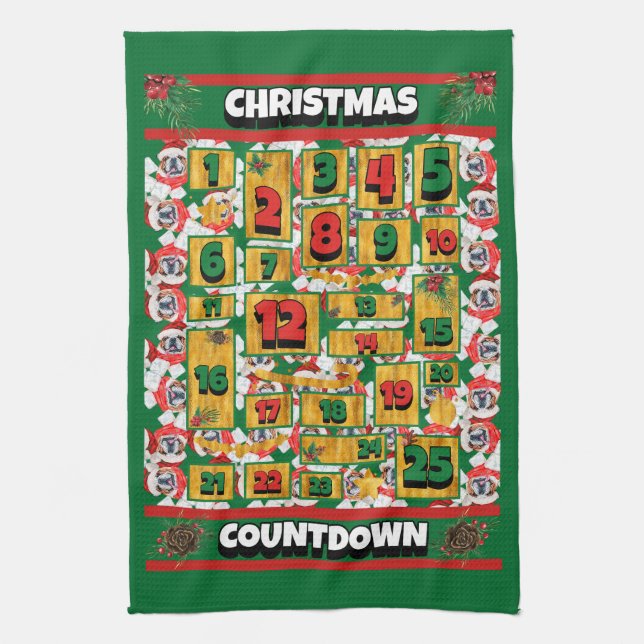 English Bulldog Dog Countdown Weihnachtsfest Adven Geschirrtuch (Vertikal)