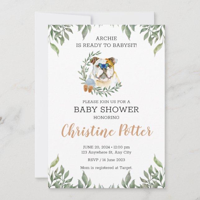 English Bulldog Dog Greenery Boho Baby Shower Einladung (Vorderseite)