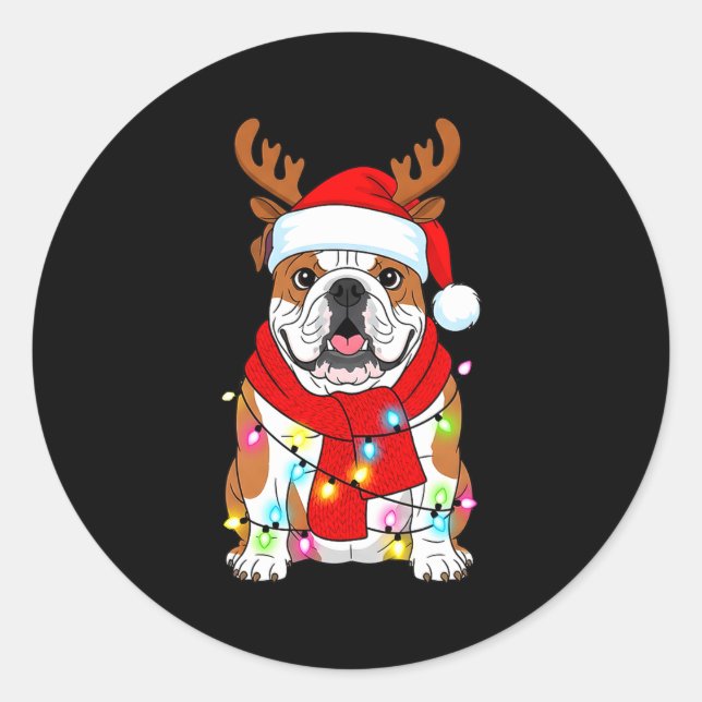 English Bulldog Dog Tree Christmas Lights Xmas Paj Runder Aufkleber (Vorderseite)