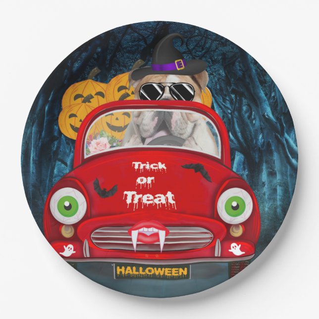English Bulldog Driving Car Beängstigend Halloween Pappteller (Vorderseite)