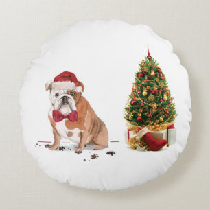 English Bulldog Funny Christmas Dog mit Baum Rundes Kissen