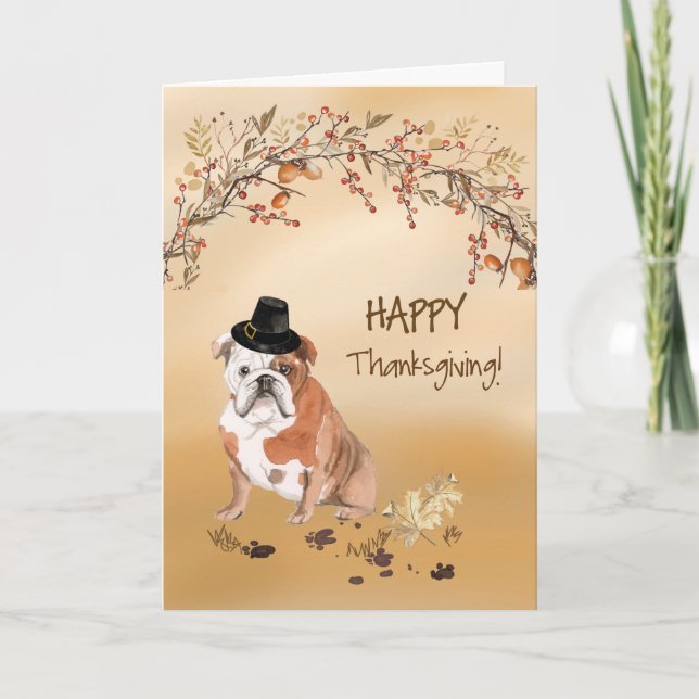 English Bulldog Funny Pilgrim Hat Erntedank Karte (Vorderseite)