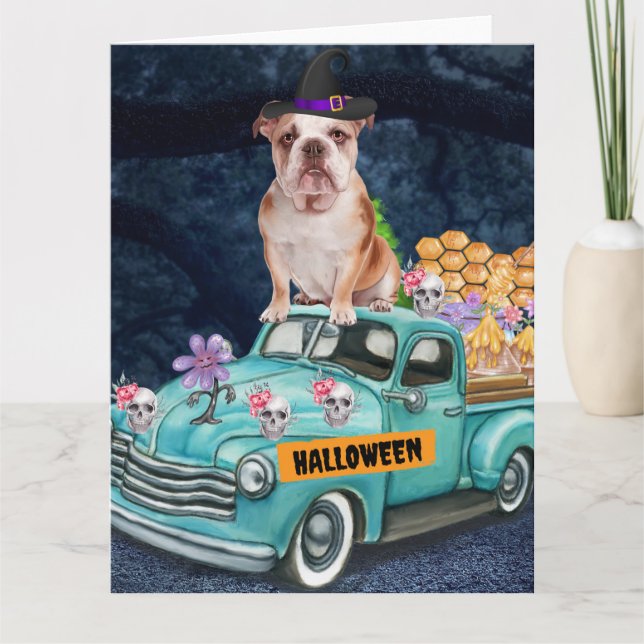English Bulldog Halloween Truck Beängstigende Nach Karte (Vorderseite)
