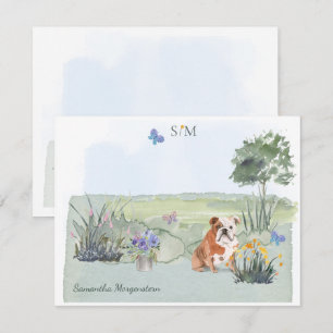 English Bulldog Hund Butterfly Monogram und Name Mitteilungskarte