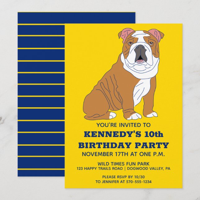 English Bulldog Illustration Custom Birthday Party Einladung (Vorne/Hinten)