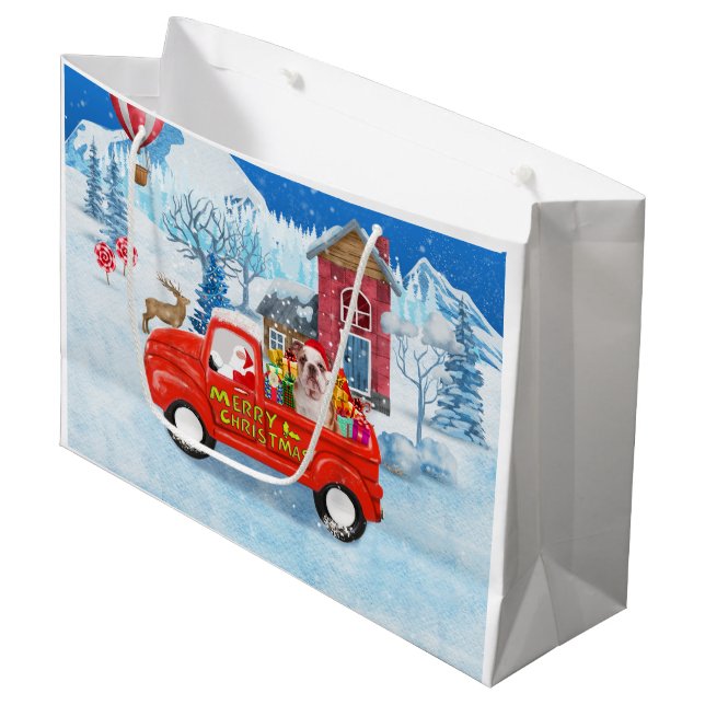 English Bulldog in Christmas Delivery Truck Schnee Große Geschenktüte (Vorderseite Schrägansicht)