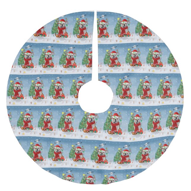 English Bulldog in Snow mit Weihnachtsgeschenke we Polyester Weihnachtsbaumdecke (Vorderseite)