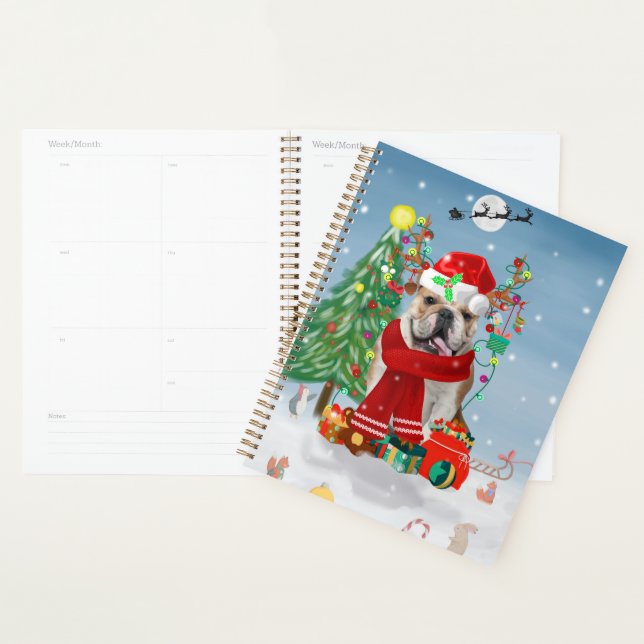 English Bulldog in Snow mit Weihnachtsgeschenken Planer (Anzeige)