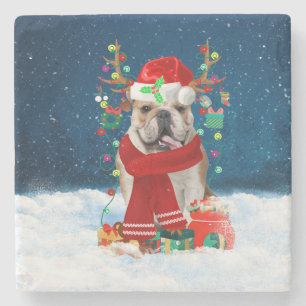 English Bulldog in Snow mit Weihnachtsgeschenken Steinuntersetzer