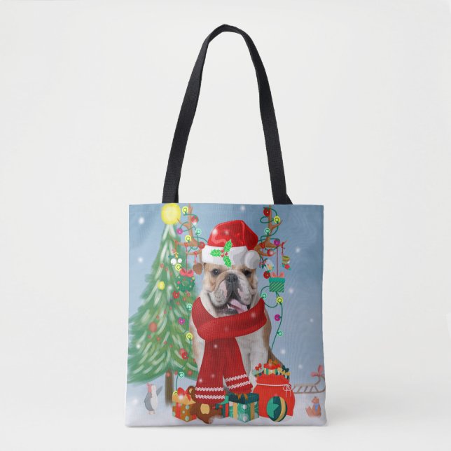 English Bulldog in Snow mit Weihnachtsgeschenken Tasche (Vorderseite)