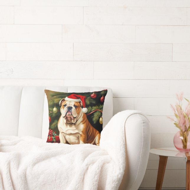 English Bulldog in Weihnachtsmannmütze, Kissen (Liege)