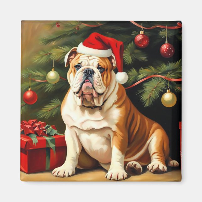 English Bulldog in Weihnachtsmannmütze, Magnet (Vorne)