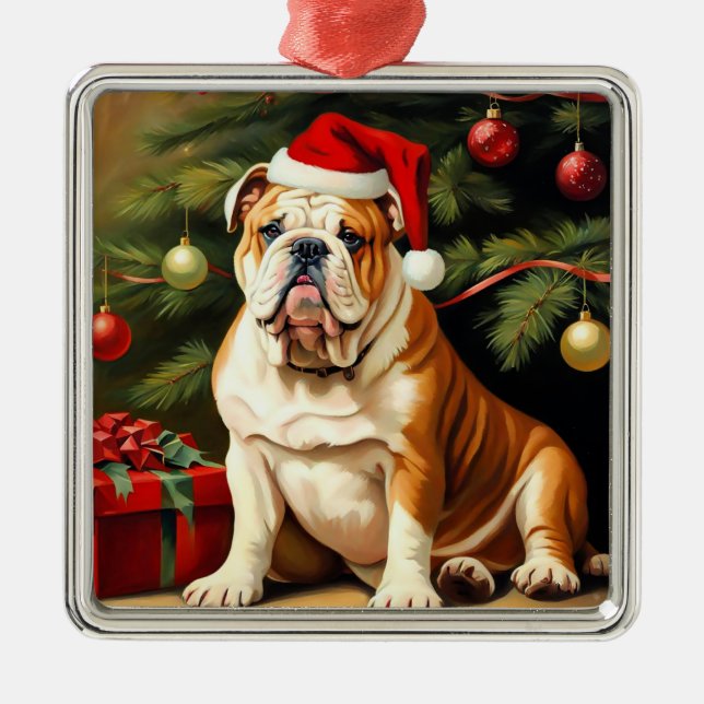 English Bulldog in Weihnachtsmannmütze, Ornament Aus Metall (Vorne)