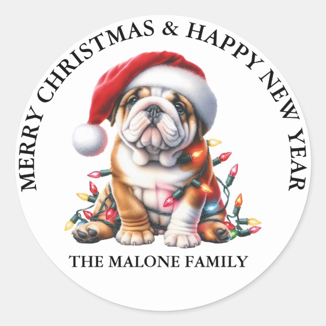English Bulldog ist in einer Weihnachtsmannmütze a Runder Aufkleber (Vorderseite)