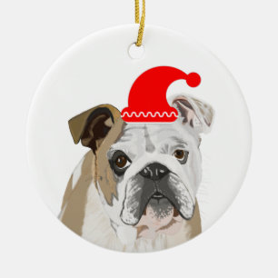 English Bulldog mit einer roten Weihnachtsmannmüt Keramik Ornament