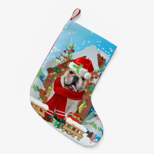 English Bulldog mit Weihnachtsgeschenken Kleiner Weihnachtsstrumpf