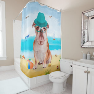 English Bulldog on Beach Duschvorhang