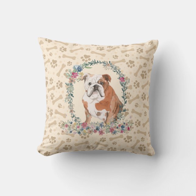 English Bulldog Paw Print & Floral Niedlich Kissen (Vorderseite)