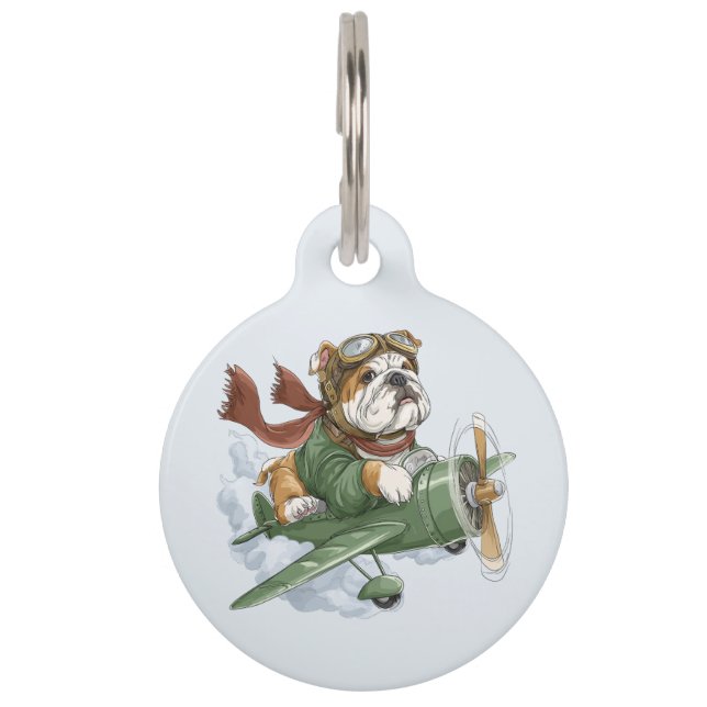 English Bulldog Pilot Flugzeug Haustiermarke (Vorderseite)