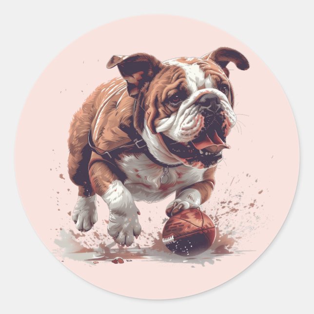English Bulldog Playing Football Runder Aufkleber (Vorderseite)