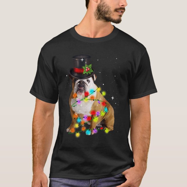 English Bulldog Santa Christmas Tree Lights Xmas B T-Shirt (Vorderseite)