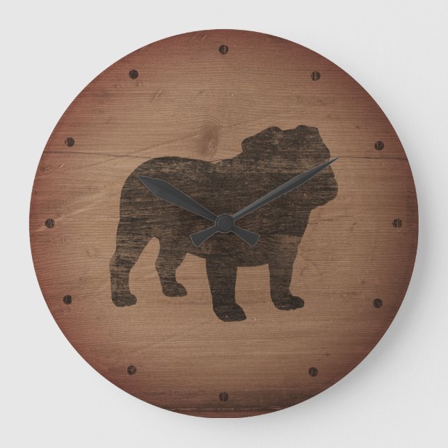 English Bulldog Silhouette Imitate Weathered Wood Große Wanduhr (Vorderseite)