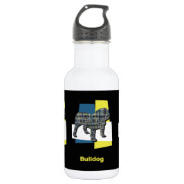 English Bulldog Silhouette Yellow & Blue Grid Edelstahlflasche