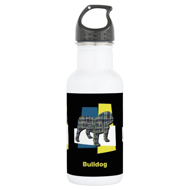 English Bulldog Silhouette Yellow & Blue Grid Edelstahlflasche (Vorderseite)