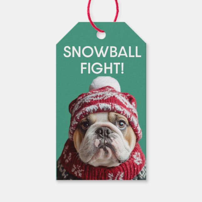 English Bulldog Snowball Fight Geschenk Tag Geschenkanhänger (Vorderseite)