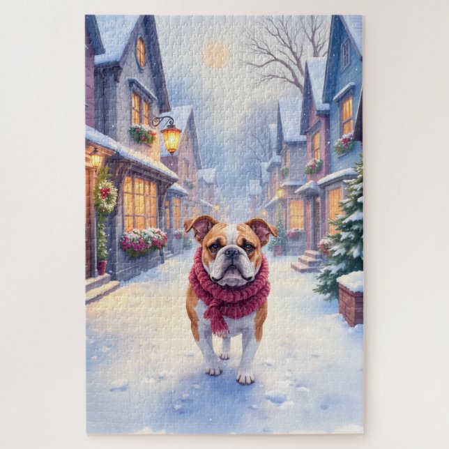 English Bulldog Snowy Christmas Village Holiday (Vertikal)