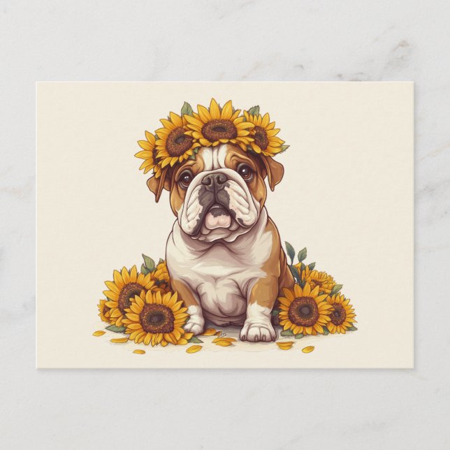 English Bulldog Sunflower Crown Postkarte (Vorderseite)