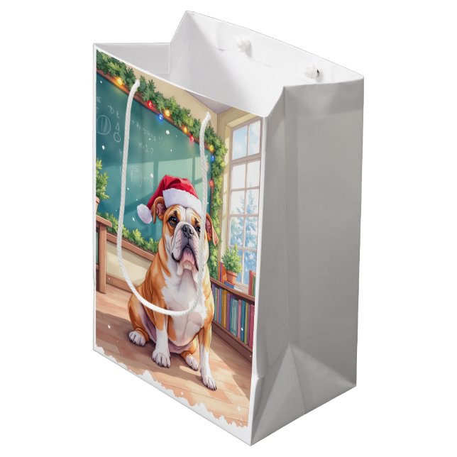 English Bulldog Teacher Classroom Santa Hat Mittlere Geschenktüte (Vorderseite Schrägansicht)