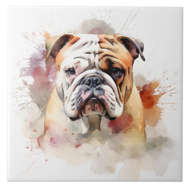 English Bulldog Watercolor Portrait Fliese (Vorderseite)