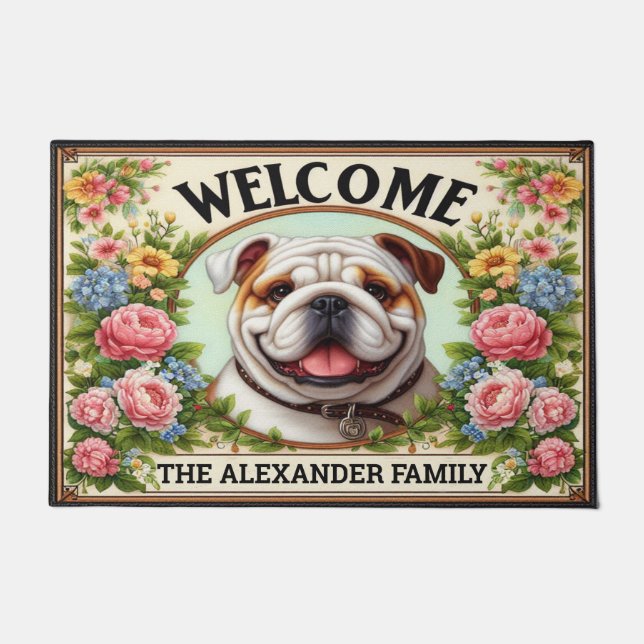 English Bulldog Zuhause Sweet, Blumenladen Gerahmt Fußmatte (Vorderseite)