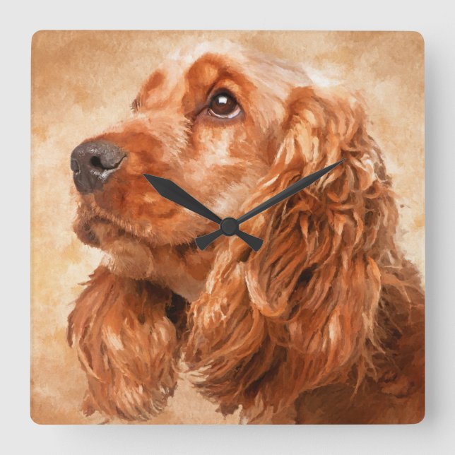 English Cocker Spaniel Dog Digital Art Quadratische Wanduhr (Vorderseite)